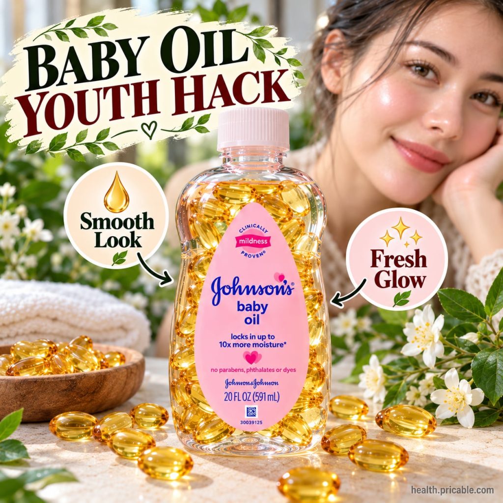 A bottle of Johnson s Baby Oil next to several vitamin E capsules on a clean white surface suggesting the ingredients fo