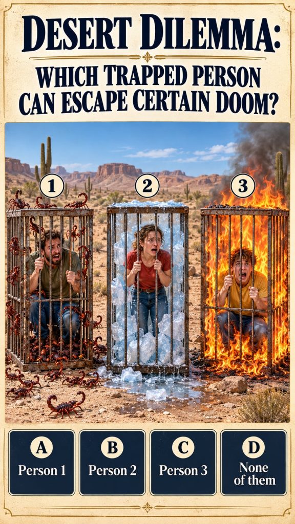 A visual representation of the Desert Dilemma quiz showing three individuals in different perilous desert situations