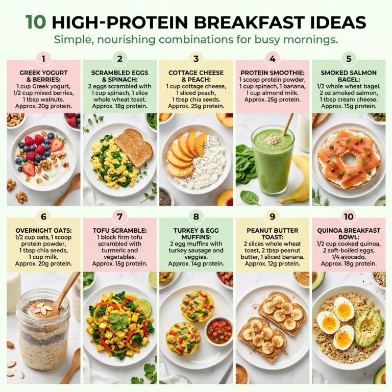 A spread of various colorful high-protein breakfast options laid out beautifully on a kitchen counter Include items like
