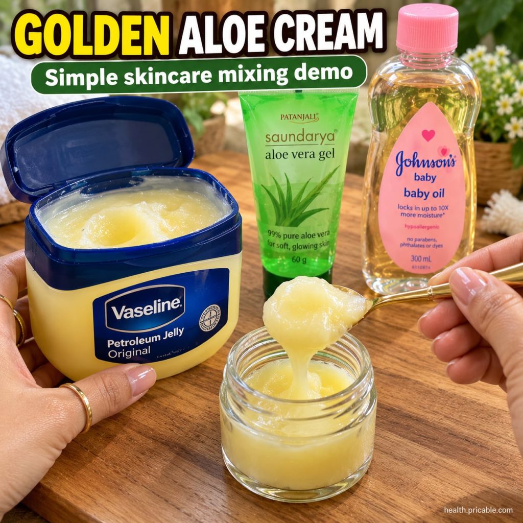 A woman s hands gently applying a light golden aloe cream to her face focusing on the cheeks and forehead The cream has 