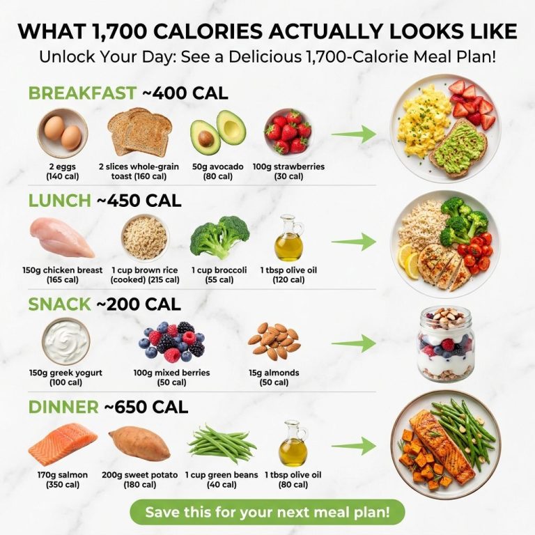 A visually appealing layout of a full day s worth of meals breakfast lunch dinner two snacks for a 1700-calorie diet arr