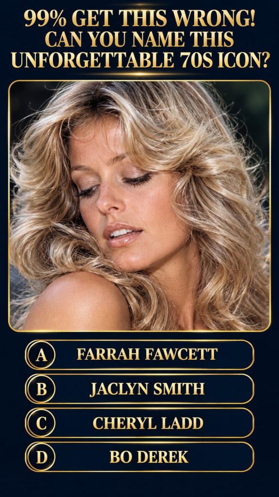 A striking portrait of a well-known Hollywood actor or actress from the 1970s with a distinctive hairstyle and fashion t