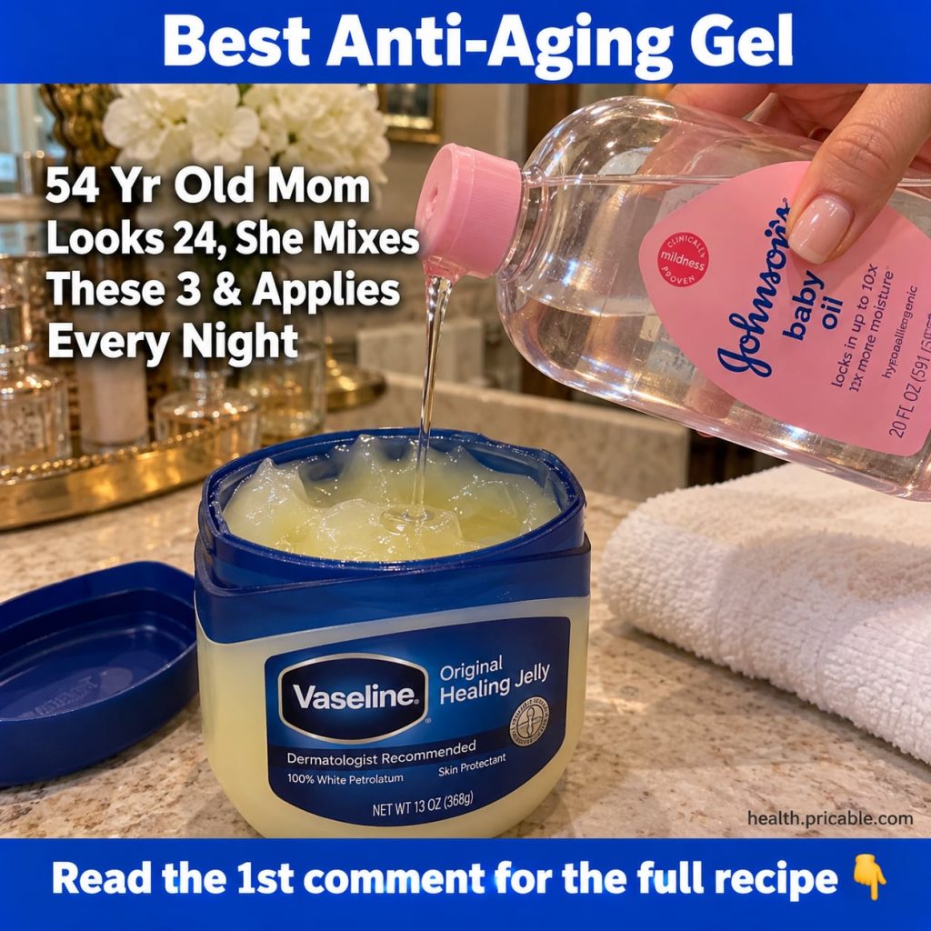 A woman applying a homemade Vaseline anti-aging mix to her face with a soft focus on her smooth-looking skin