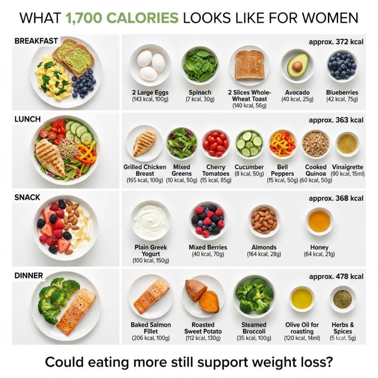 A complete visual spread of a full day s worth of healthy balanced meals and snacks totaling 1 700 calories portioned ou
