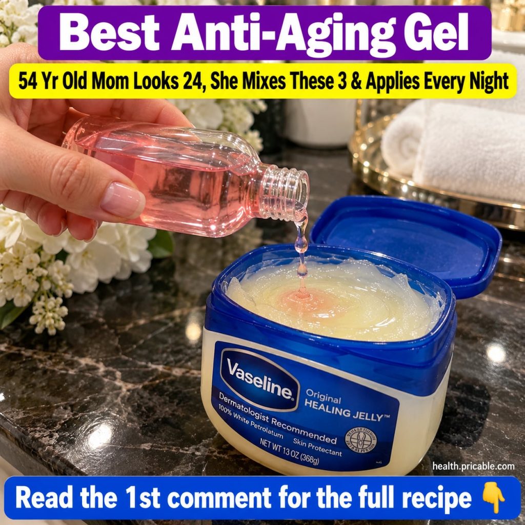A small glass jar with a creamy translucent gel labeled Vaseline Anti-Aging Gel The jar is placed on a smooth light-colo