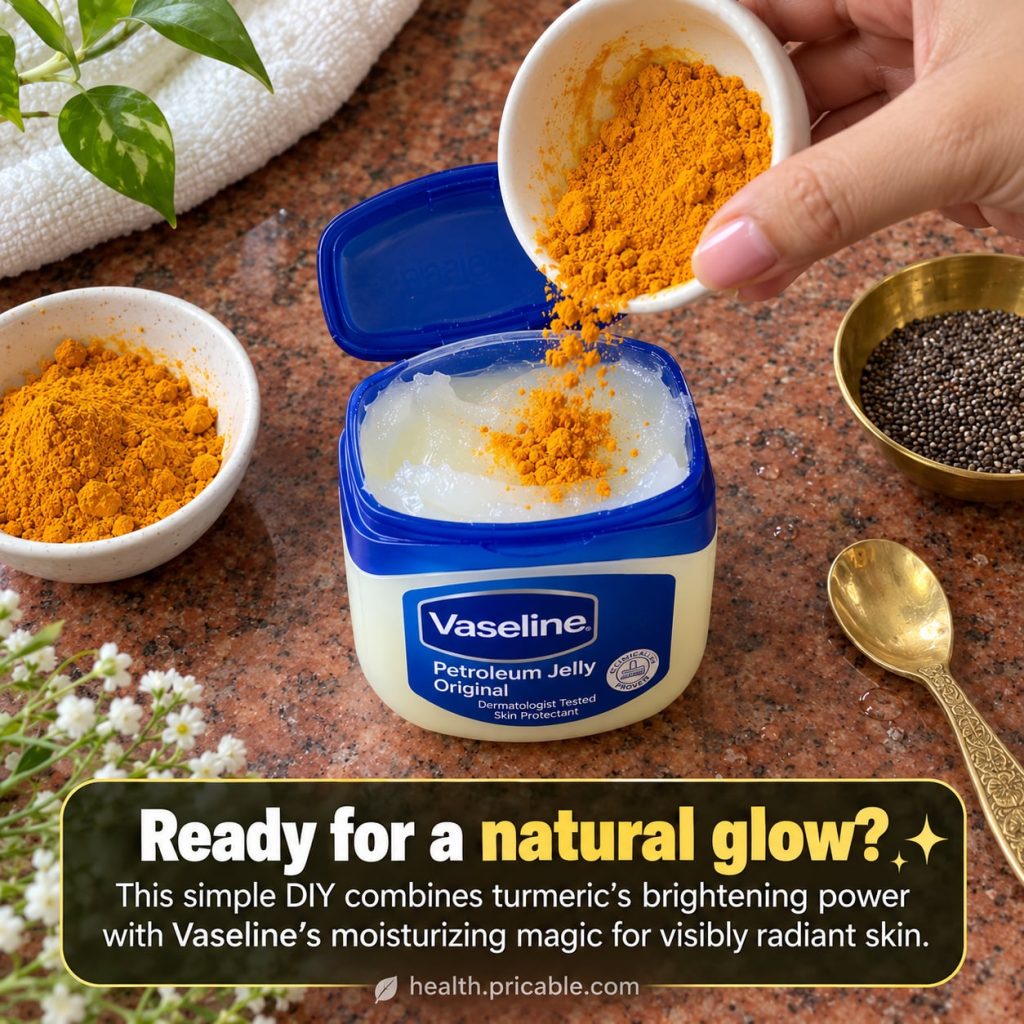 A close-up of a small bowl containing a yellow turmeric and Vaseline paste with a small spatula or spoon beside it on a 