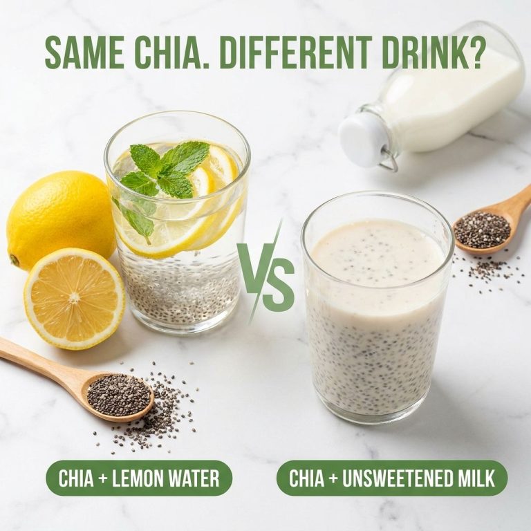 Two glasses one with chia seeds in lemon water and another with chia seeds in unsweetened milk on a light background