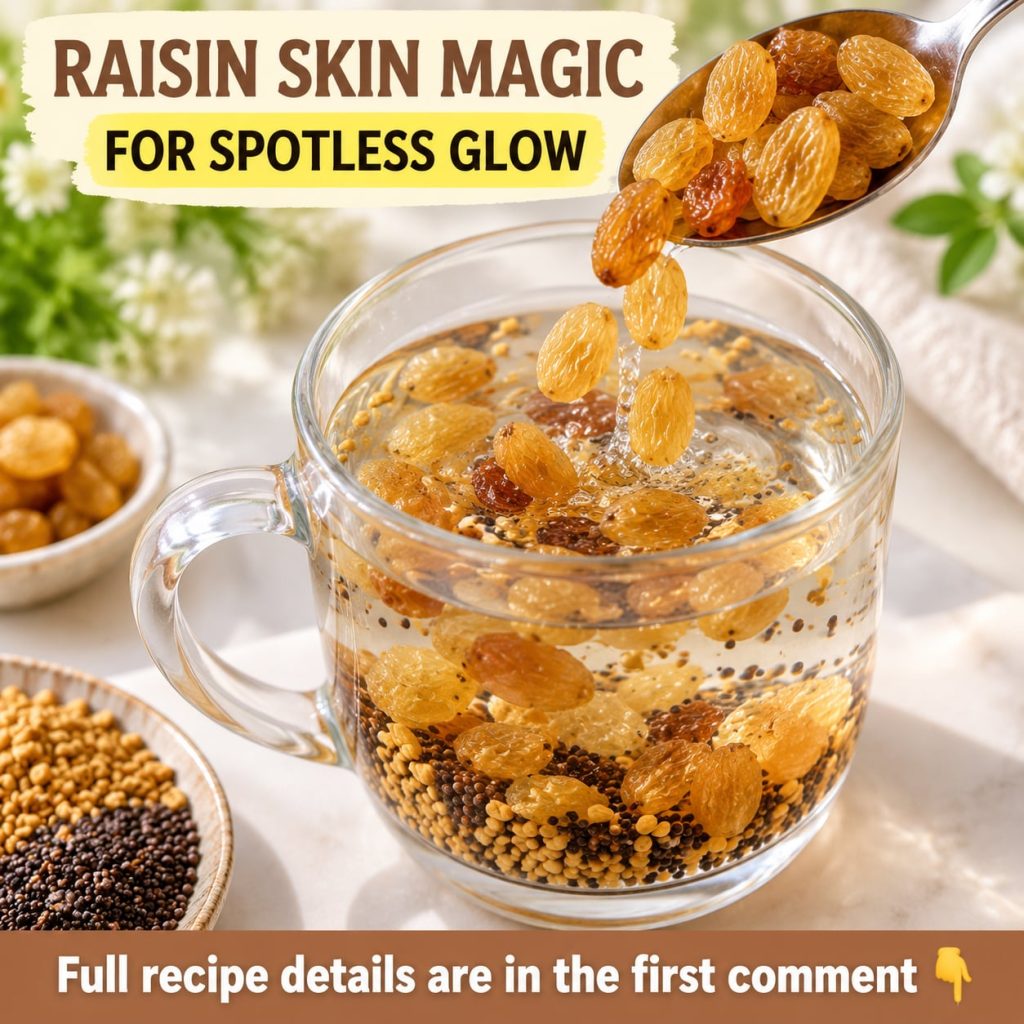 A close-up shot of a glass filled with water and plump dark raisins soaking in it placed on a light-colored kitchen coun