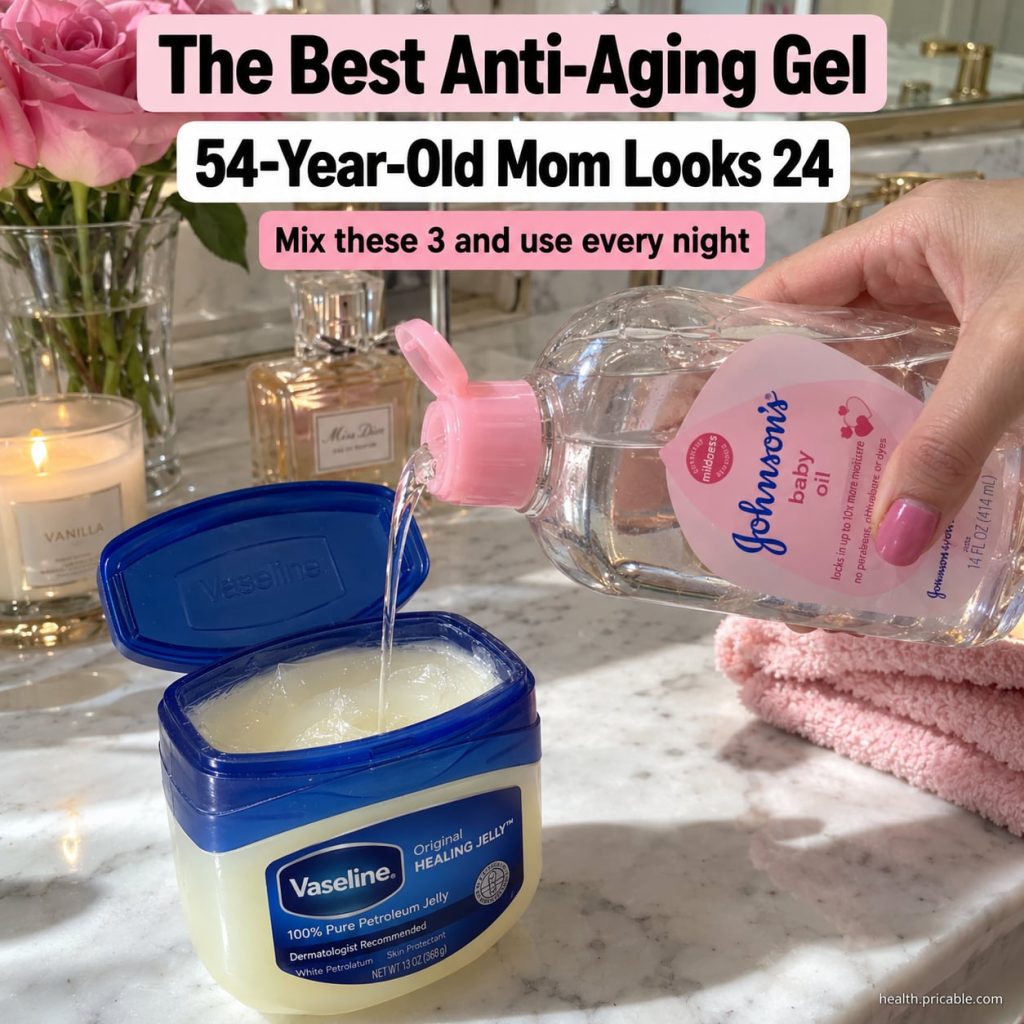 A 54-year-old woman looking much younger than her age with radiant smooth skin applying a homemade gel to her face befor