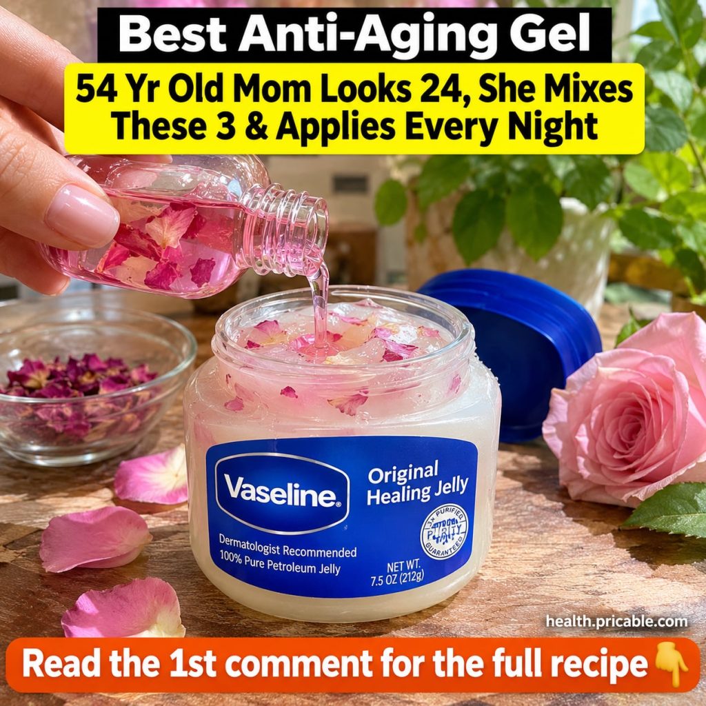 Ingredients for a Vaseline anti-aging mix including a jar of Vaseline a bottle of Vitamin E oil and possibly small essen