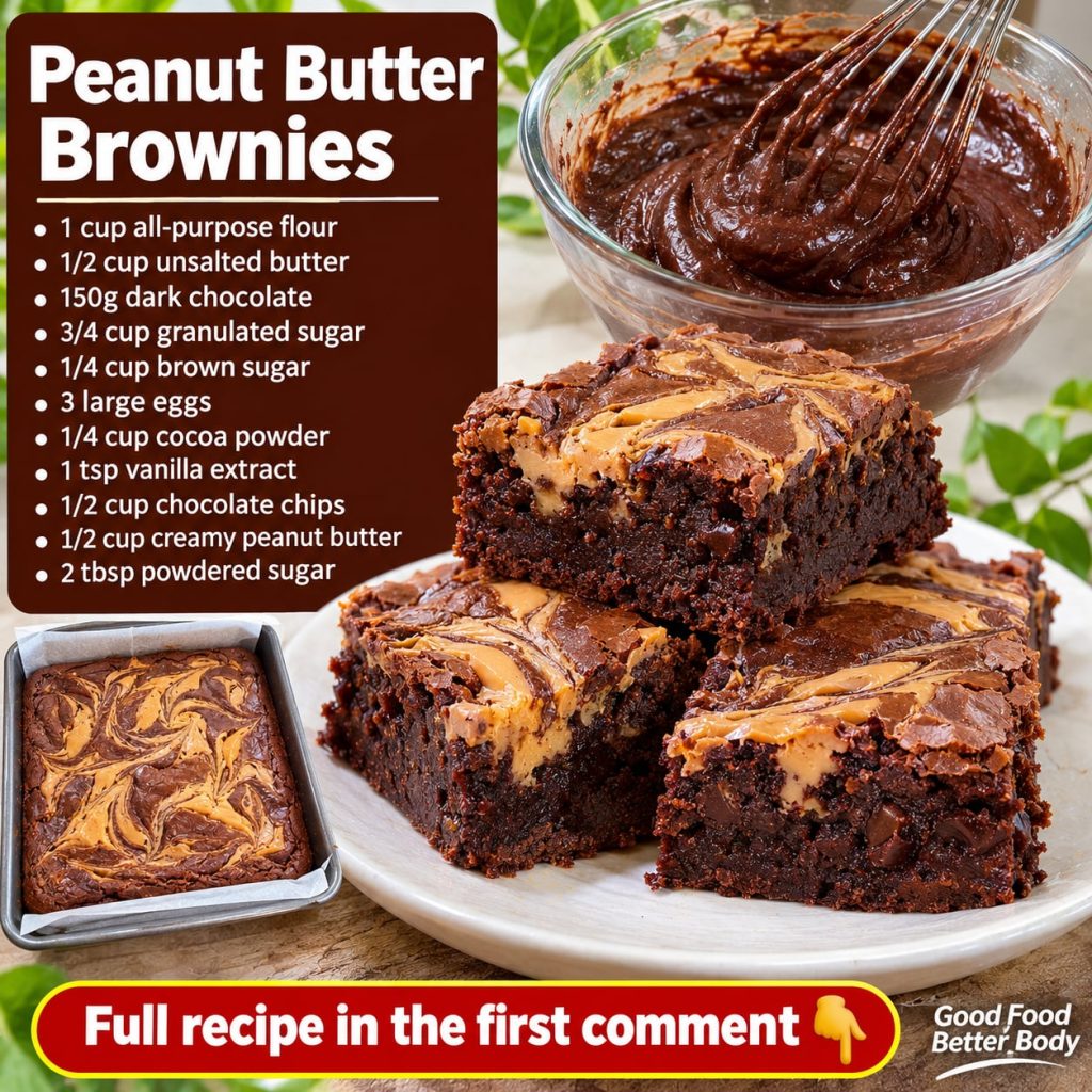 A close-up shot of a square of fudgy peanut butter swirl brownie showing the rich chocolate base and creamy peanut butte