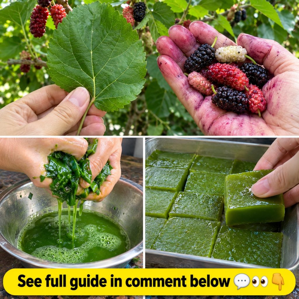 A close-up shot of fresh green mulberry leaves on a branch with a few ripe mulberries visible in the background showing 