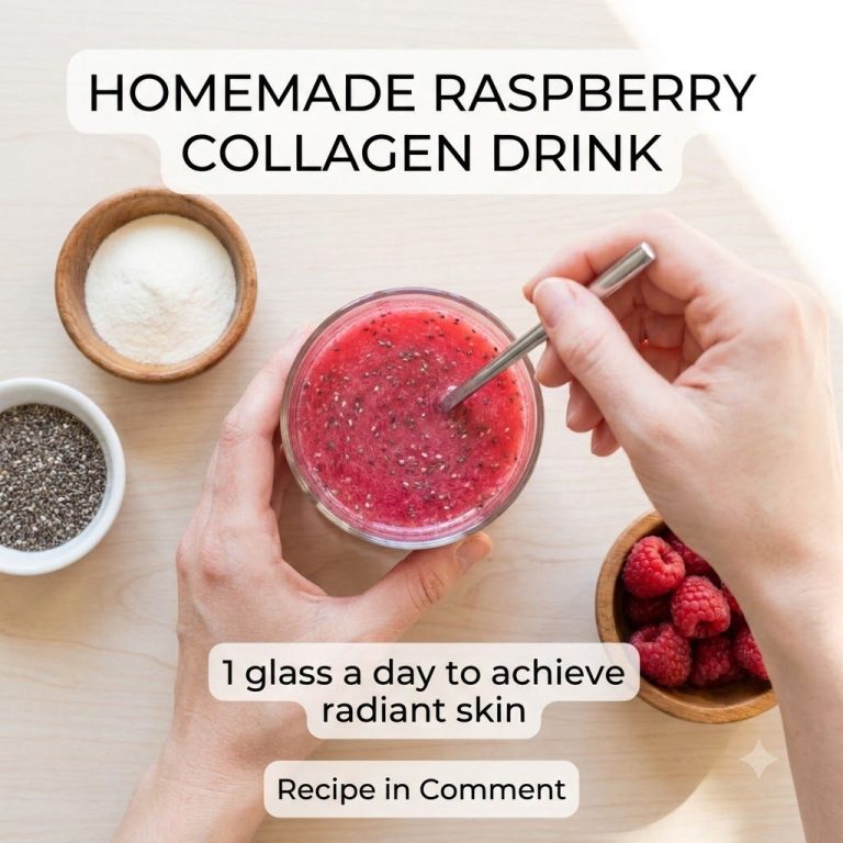 A vibrant homemade raspberry collagen drink in a tall glass garnished with fresh raspberries and a sprig of mint set aga