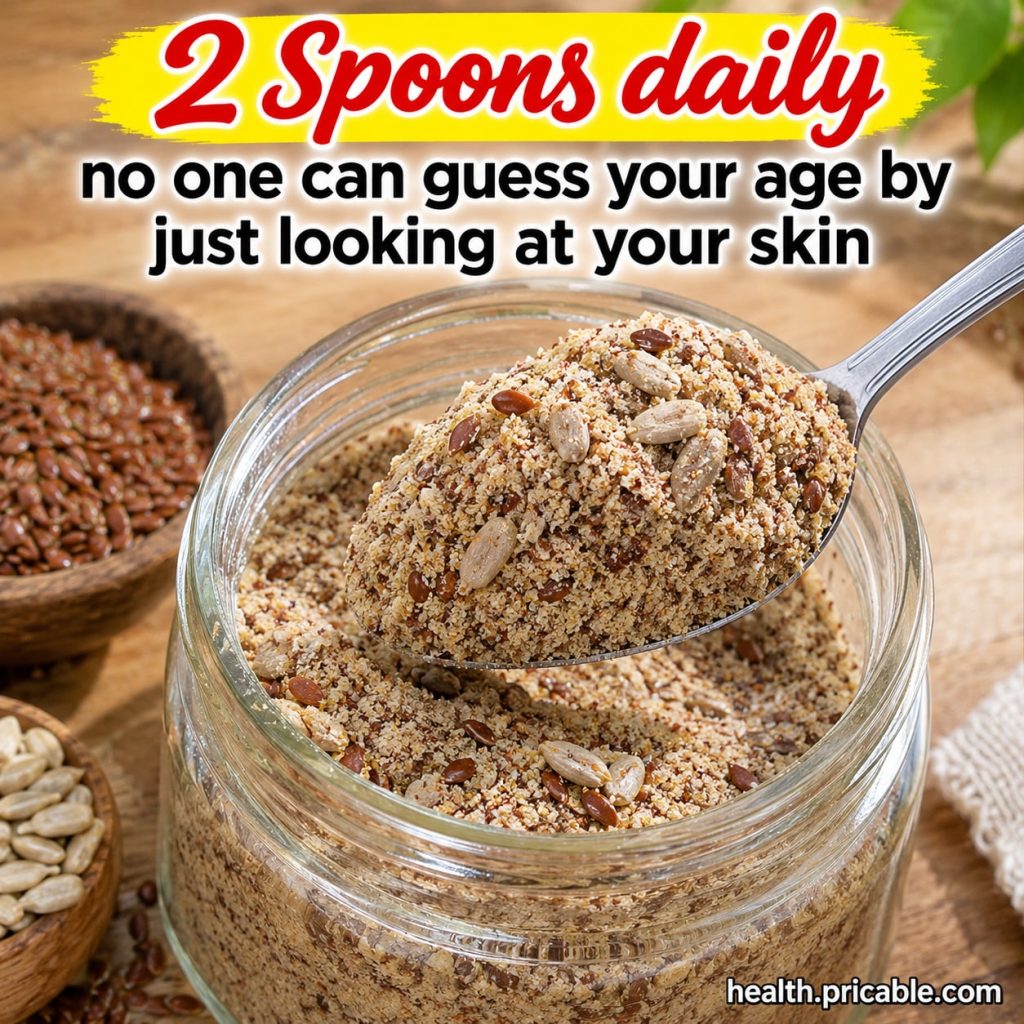 A close-up of a glass jar filled with a light brown fine beauty powder with a wooden spoon resting beside it on a rustic