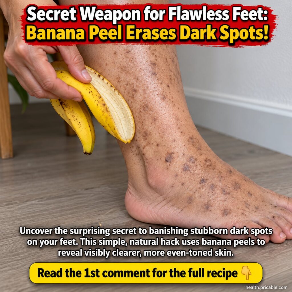 A person holding a banana peel with the inside of the peel facing a foot that has some subtle dark spots