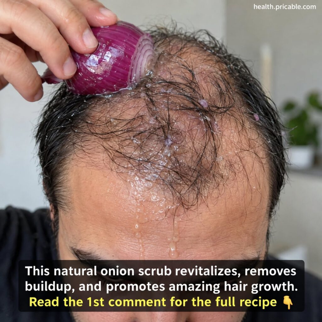 Ingredients for an onion hair scrub including a whole onion a bowl of sugar and a small bottle of coconut oil