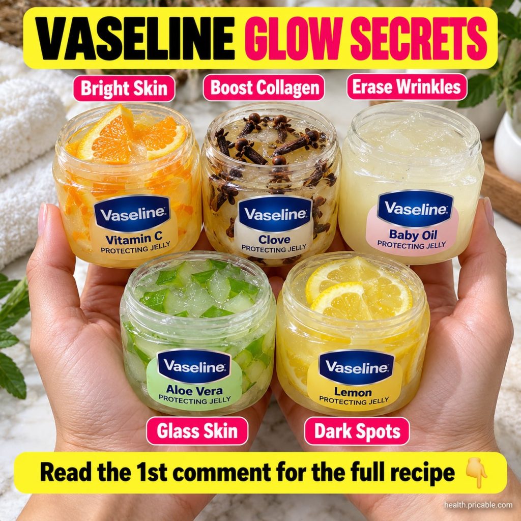 A jar of Vaseline surrounded by natural beauty ingredients like a honey pot a small bottle of vitamin E oil and a few fr