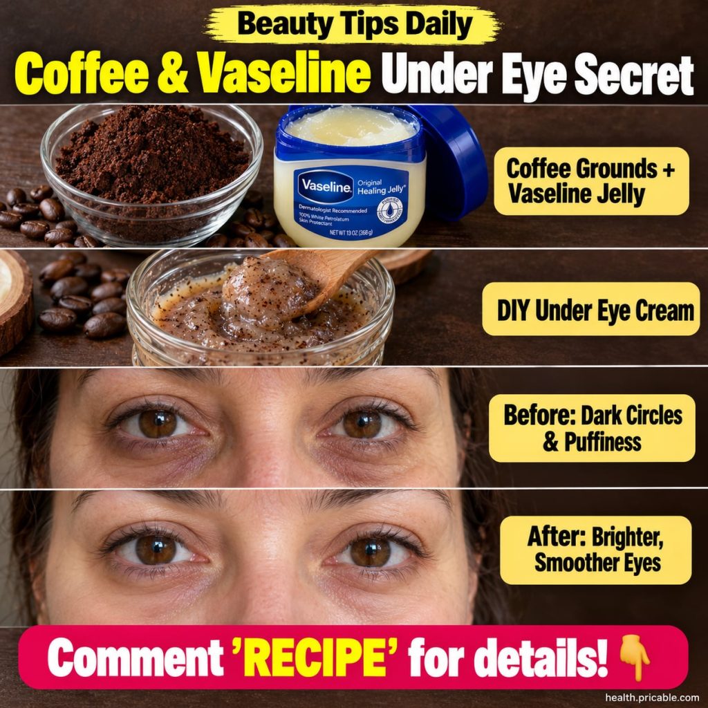 Ingredients for coffee and Vaseline under eye cream a small bowl with coffee grounds a small jar of Vaseline and an empt