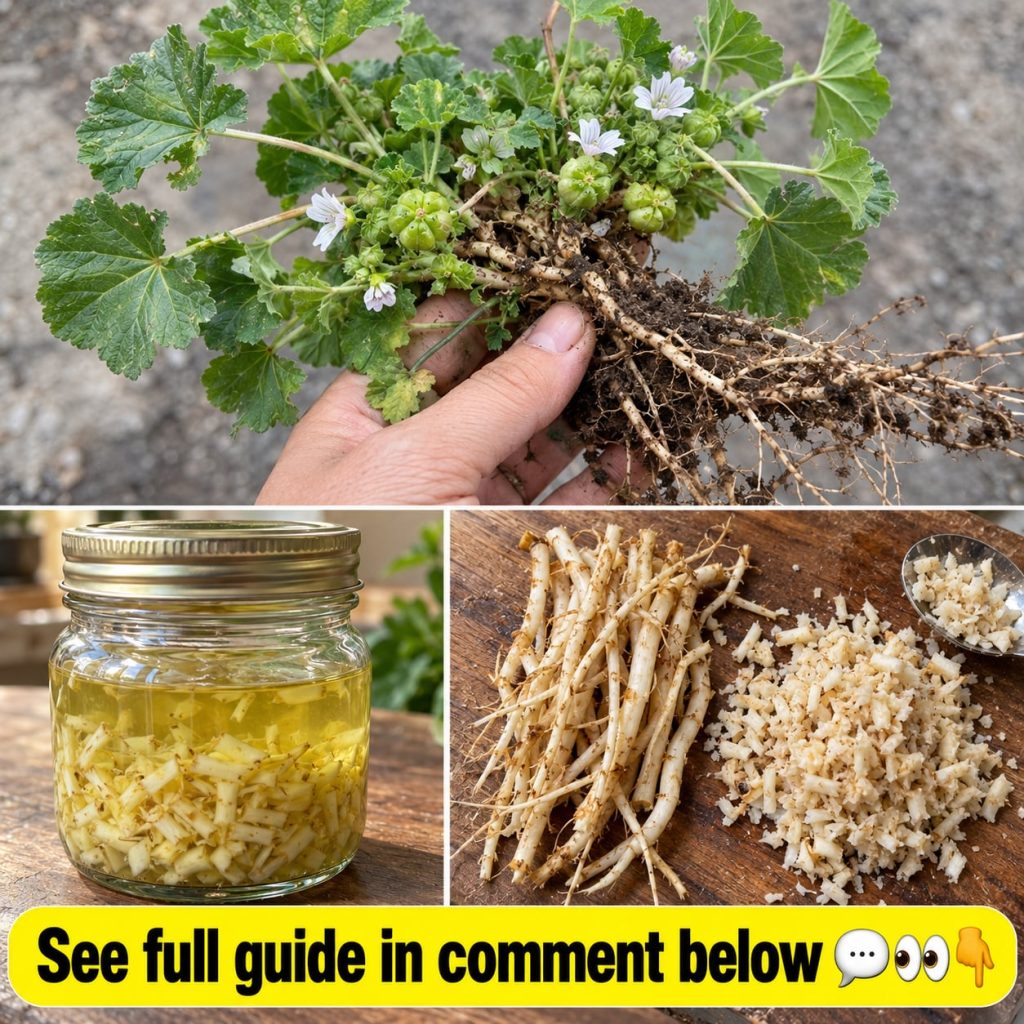 A vertical collage showing a hand holding a Common Mallow plant with roots and cheese fruits a mason jar with mallow roo