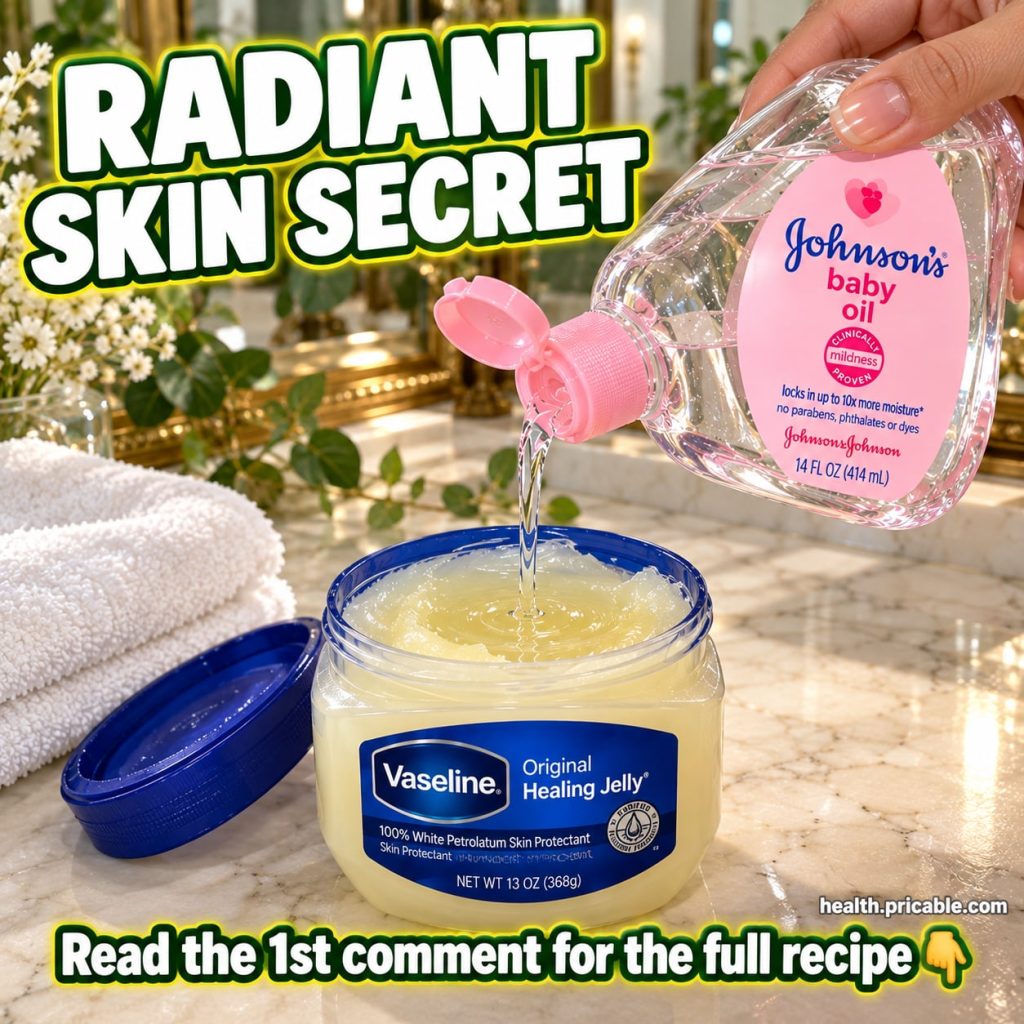 A small white jar of Vaseline petroleum jelly next to a clear bottle of baby oil on a clean bathroom counter with a hand