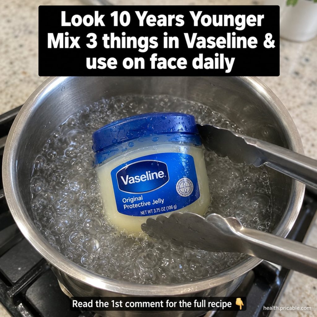A still life image showing a jar of Vaseline petroleum jelly alongside small containers of Vitamin E oil aloe vera gel a