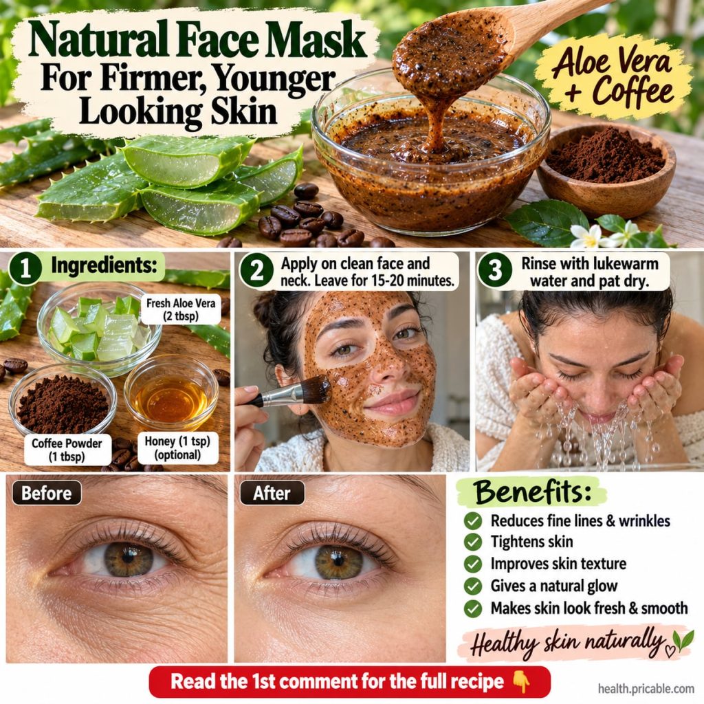 A bowl of DIY aloe vera and coffee face mask with fresh aloe vera leaves and coffee beans scattered around