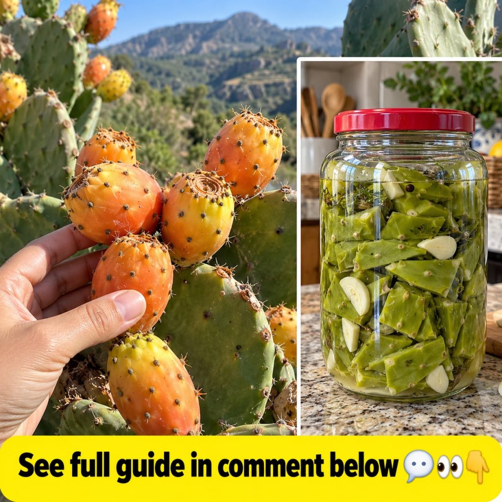 A hand gently holding several ripe orange and yellow prickly pear fruits still attached to the green spiny cactus pad wi