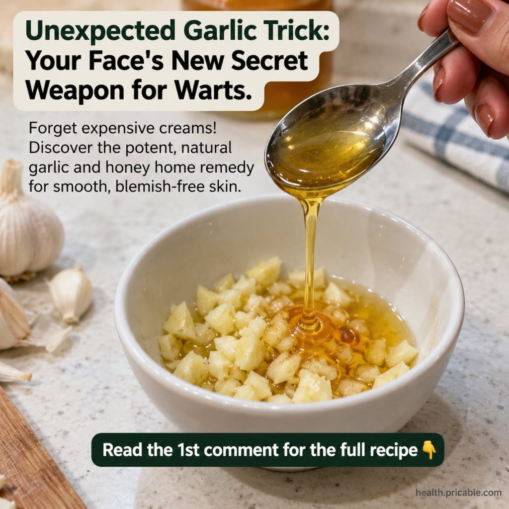 A close-up of fresh garlic cloves and a jar of golden honey on a rustic wooden surface with a small mortar and pestle ne