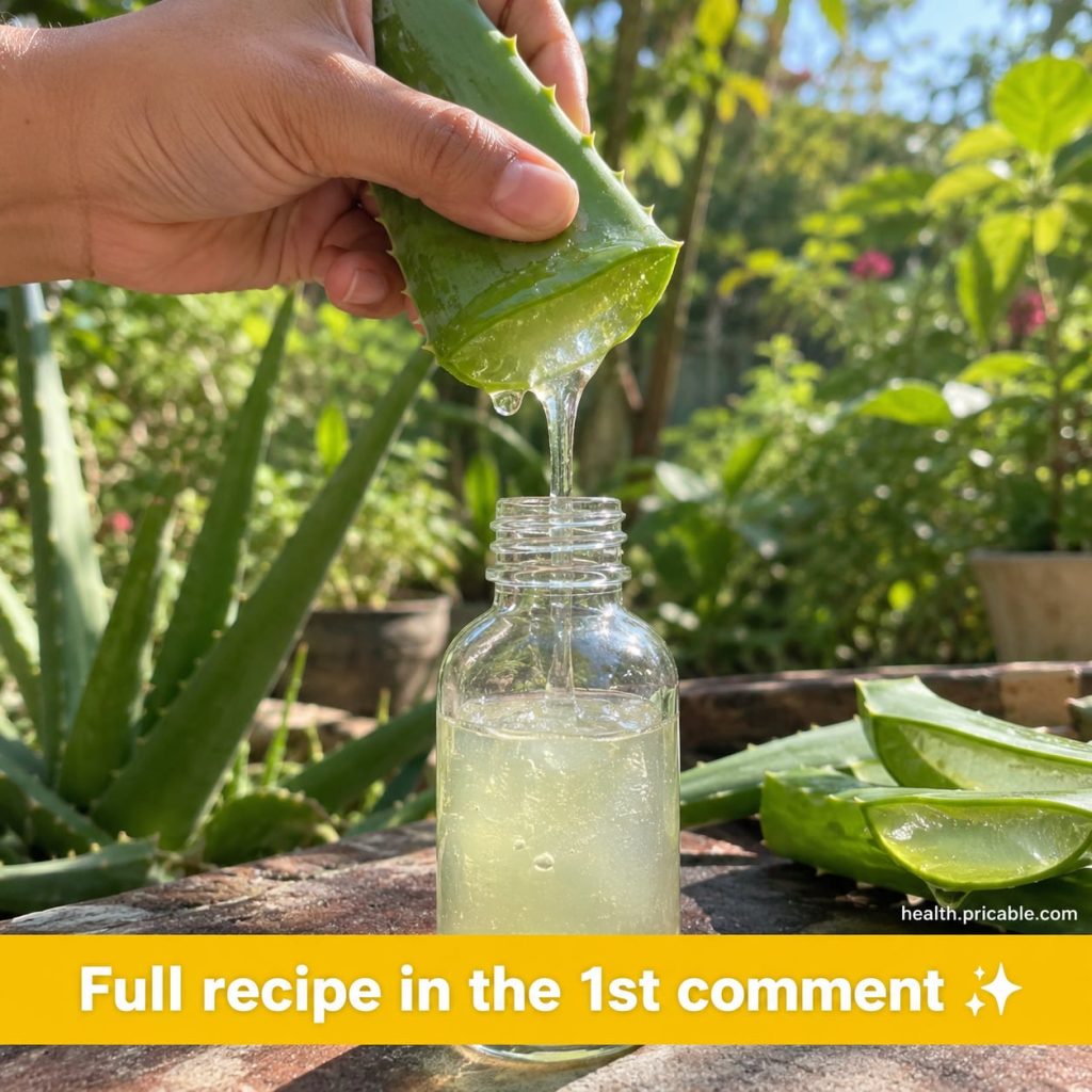 A still life image of a small glass bottle of homemade DIY Botox Oil with visible cloves and pieces of aloe vera suspend