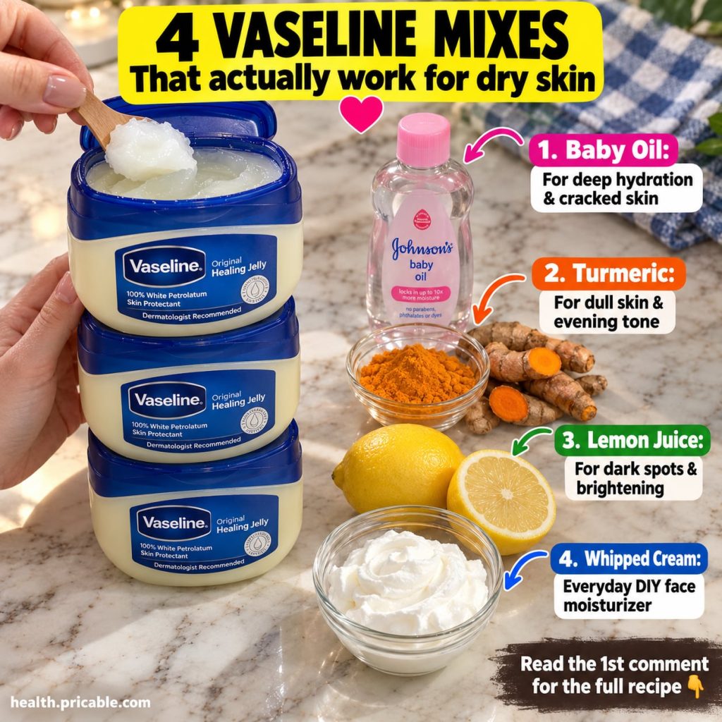 A jar of Vaseline next to small bowls of honey almond oil and sugar suggesting ingredients for DIY beauty mixes
