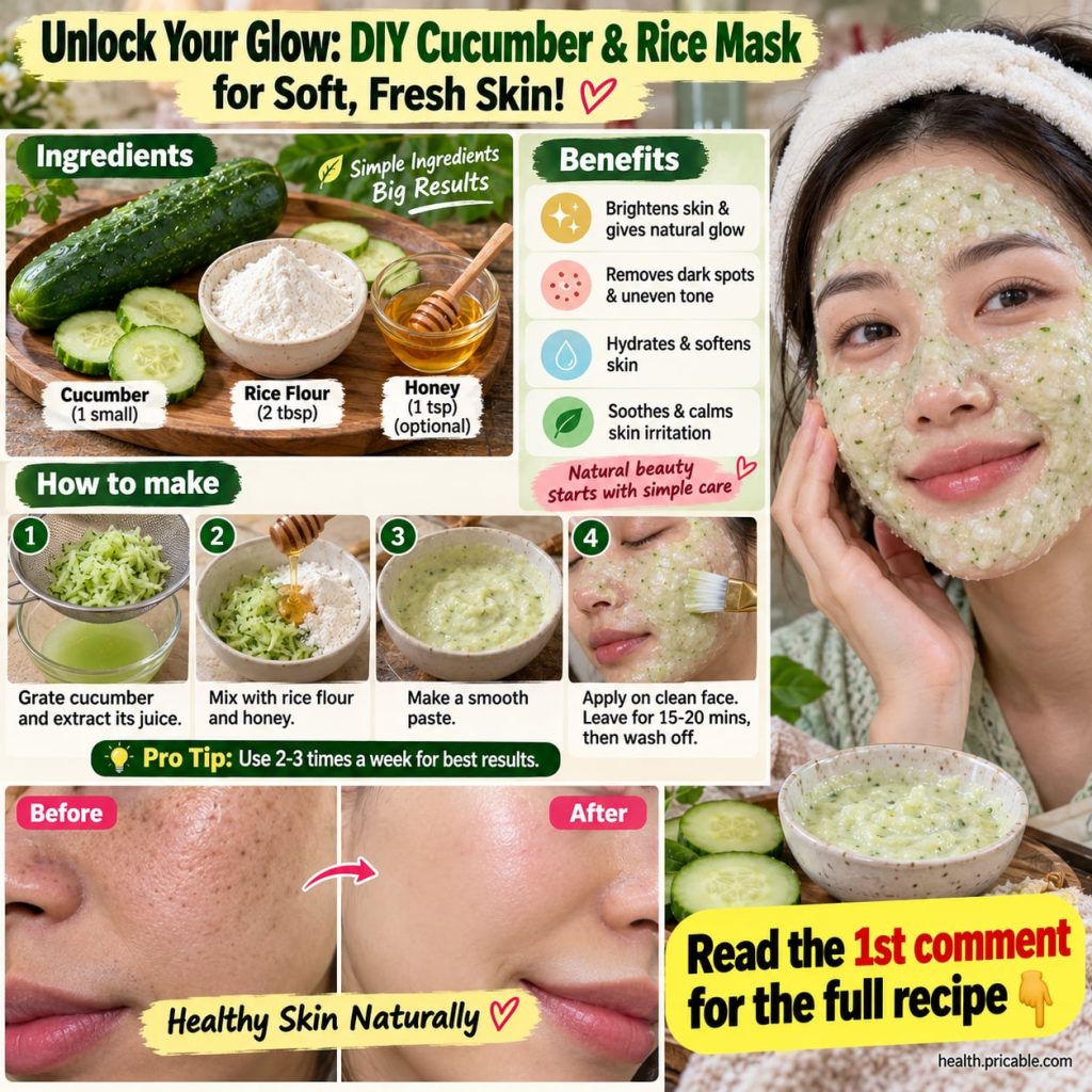 A freshly prepared cucumber and rice face mask in a small bowl surrounded by fresh cucumber slices and a sprinkle of ric