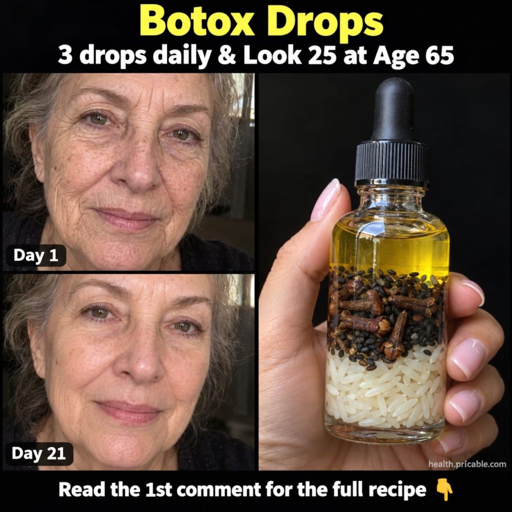 A small glass dropper bottle filled with a golden liquid labeled Natural Botox Drops on a clean bright background with a