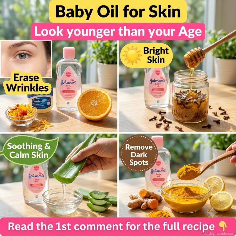 A woman gently applying a homemade baby oil and turmeric mask to her cheek in a brightly lit bathroom with a small bowl 
