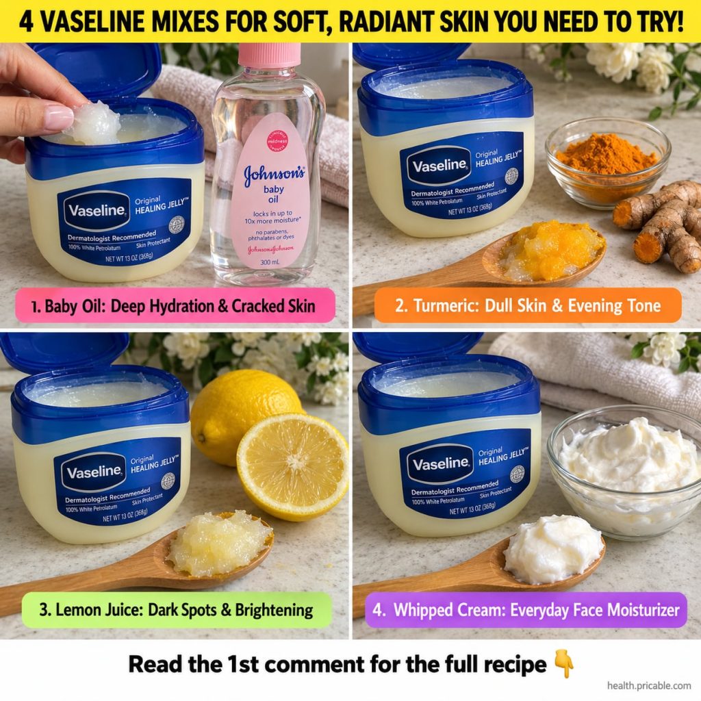 A collage of four different small bowls each containing a Vaseline mix with natural ingredients like lemon slices turmer