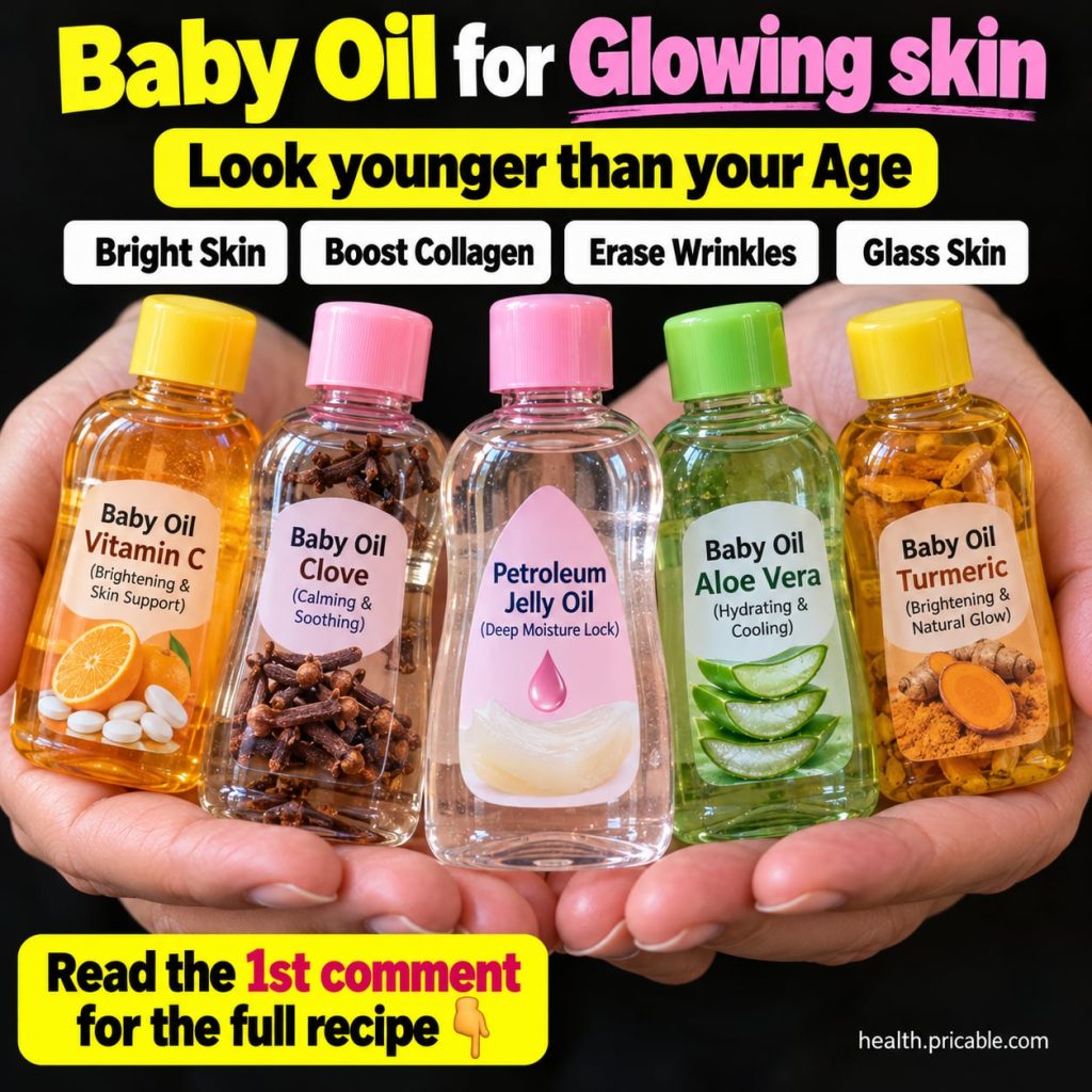 A bottle of baby oil on a clean light background implying gentle skincare and hydration
