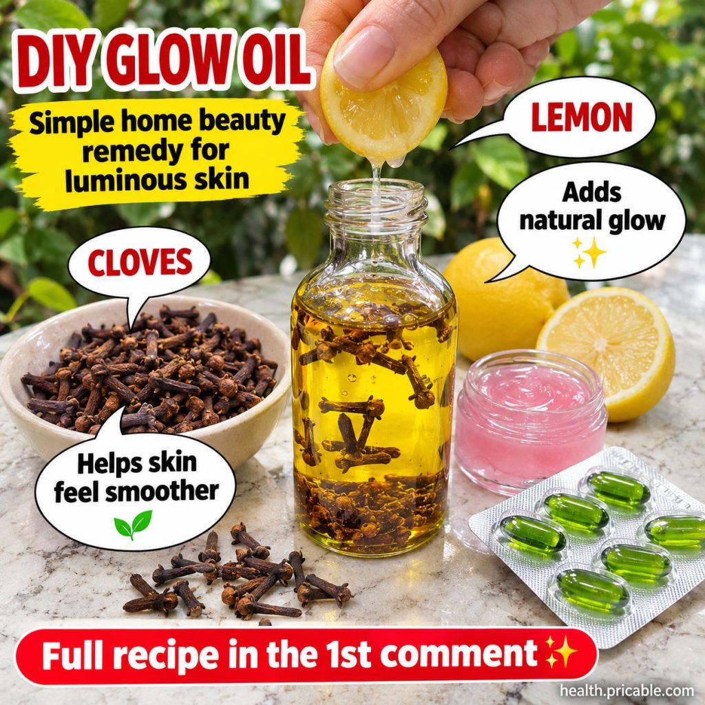A small clear glass bottle of homemade infused oil with whole cloves and lemon peel visible inside sitting on a rustic w