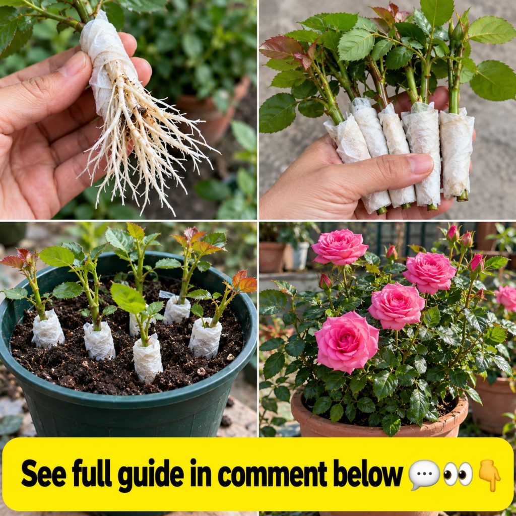 A close-up of a rose cutting with its base wrapped in a moist piece of toilet paper ready to be placed for rooting