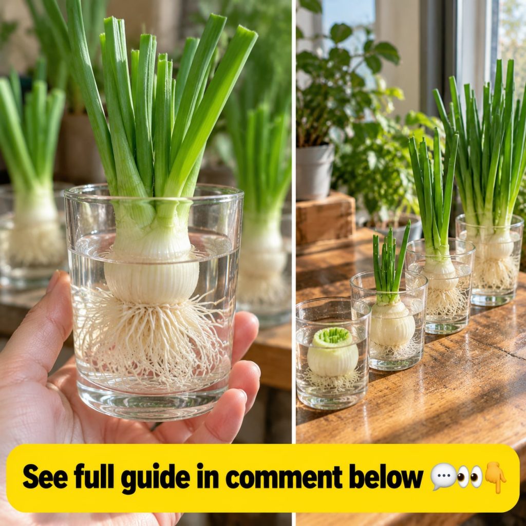 Several green onion root ends submerged in clear glasses of water showing new green shoots emerging from the tops placed