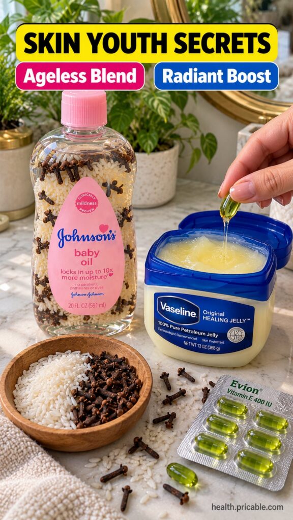 Ingredients laid out for an ageless skin blend including Vaseline baby oil with rice and cloves and Vitamin E capsules o