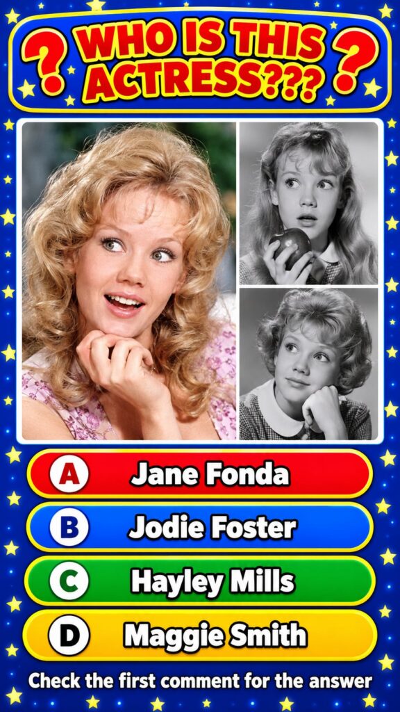A quiz card showing a collage of Jodie Foster from childhood to adulthood with multiple-choice options for actresses nam