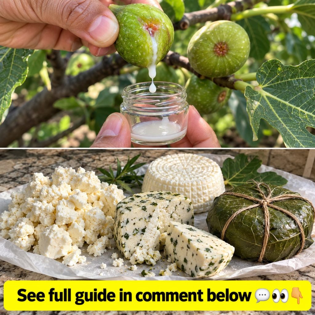 A hand squeezing a green fig causing milky white sap to drip into a small clear glass jar Blurred fig tree branches and 