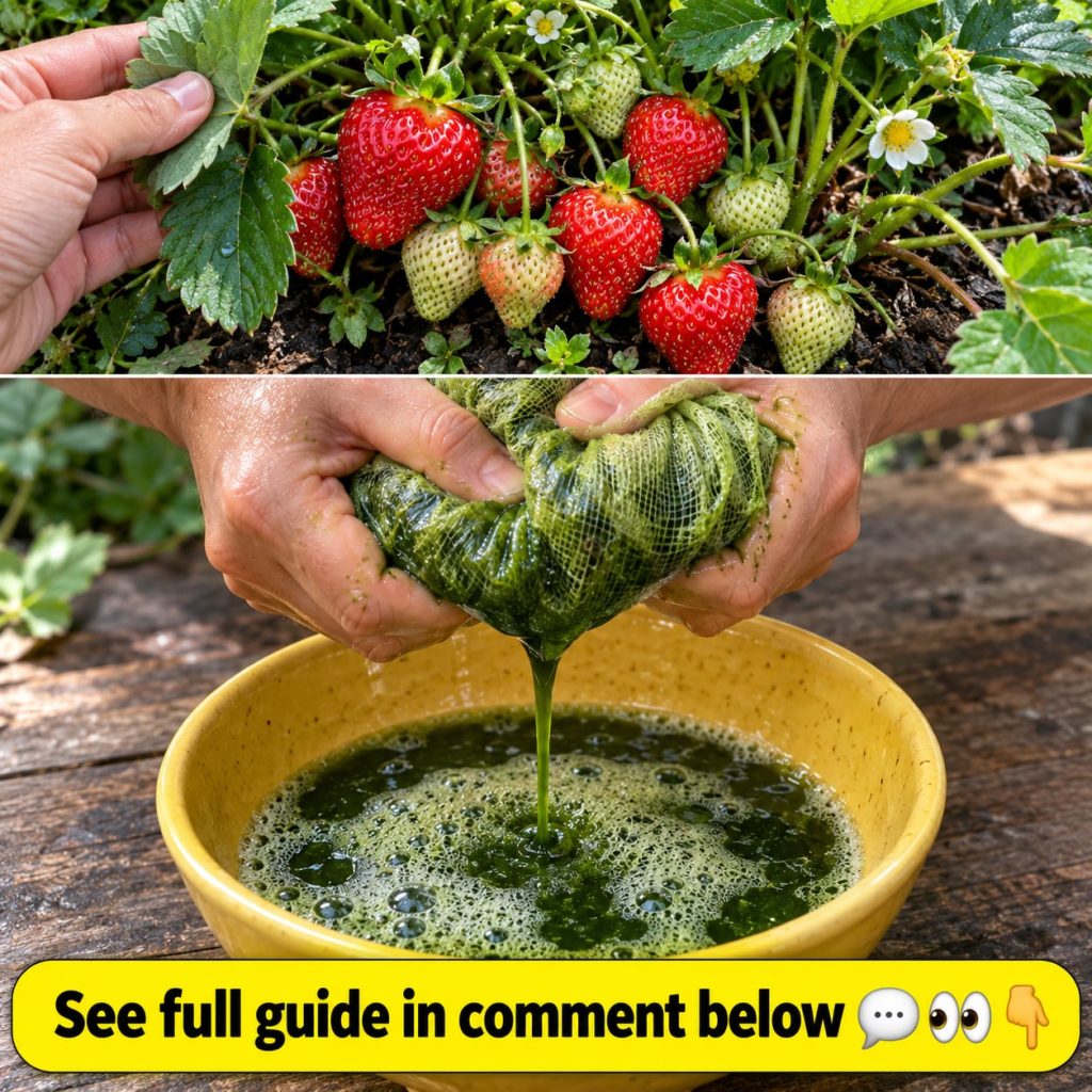 A split panel image featuring a vibrant close-up of a strawberry plant with ripe and unripe strawberries white flowers a