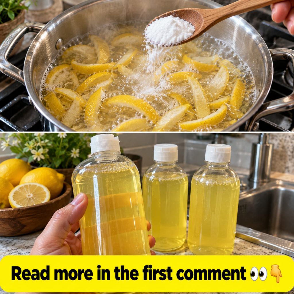 Lemon peels boiling in a pot with a white powdery substance being added followed by a bottle of yellowish liquid with le