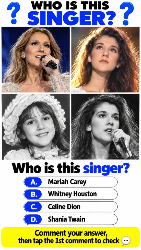 A social media quiz card with the headline WHO IS THIS SINGER and a 2x2 grid of four photos of Whitney Houston at differ