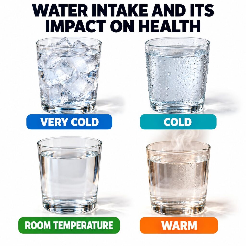 Four glasses of water at different temperatures very cold with ice cold with condensation room temperature and warm with
