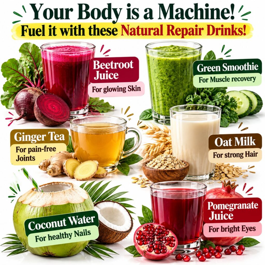 An infographic showing six different natural repair drinks each in a glass with its main ingredients laid out around it 