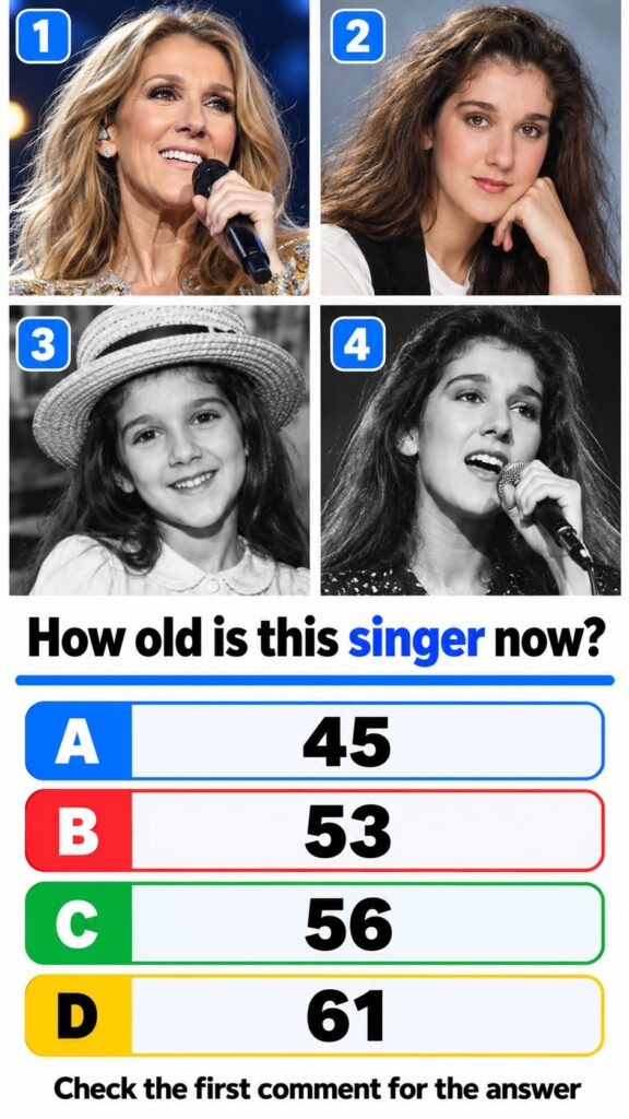 A 2x2 collage of four square celebrity portraits of Celine Dion at different stages of her life from childhood to adulth