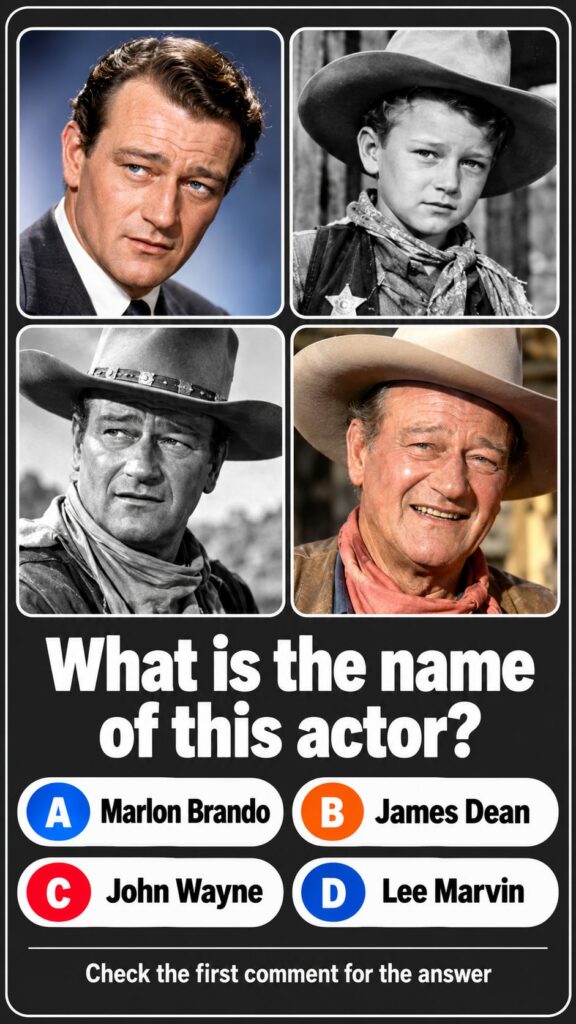 A 2x2 grid of four portraits of actor John Wayne at different stages of his life including a young formal portrait a chi