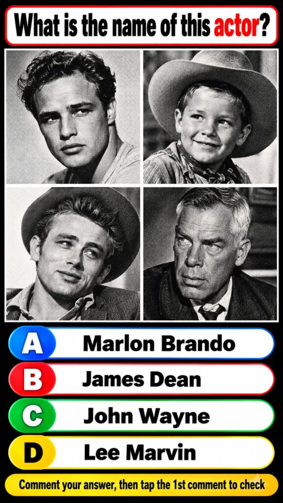 A retro-styled social media quiz card featuring four black and white halftone portraits of classic male actors in a 2x2