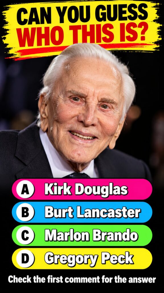 A multi-panel celebrity quiz featuring four portraits of male celebrities at different life stages with the headline Who